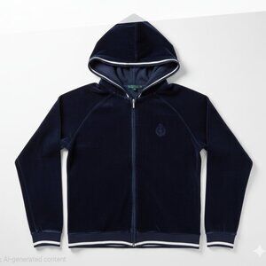 RALPH LAUREN Womens Full Zip Hoodie Track Jacket Dark Blue Velour Crest Large